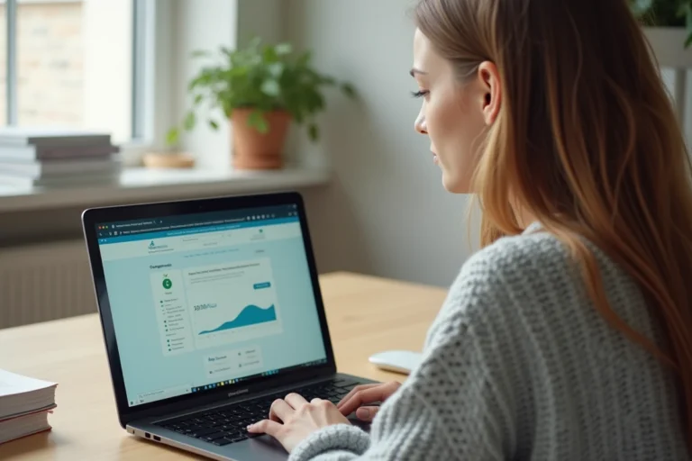 Jeune femme accédant à l'espace élèves en ligne depuis son bureau à domicile sur un ordinateur portable