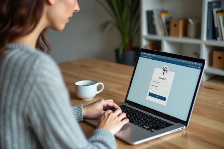 Femme accédant à son espace personnel FDJ sur un ordinateur portable depuis son bureau à domicile