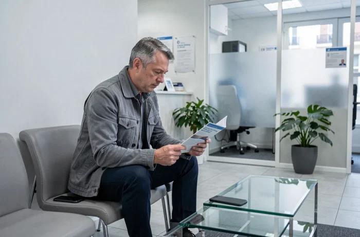Homme en salle d'attente d'une agence mutuelle santé en Isère consultant une brochure d'information