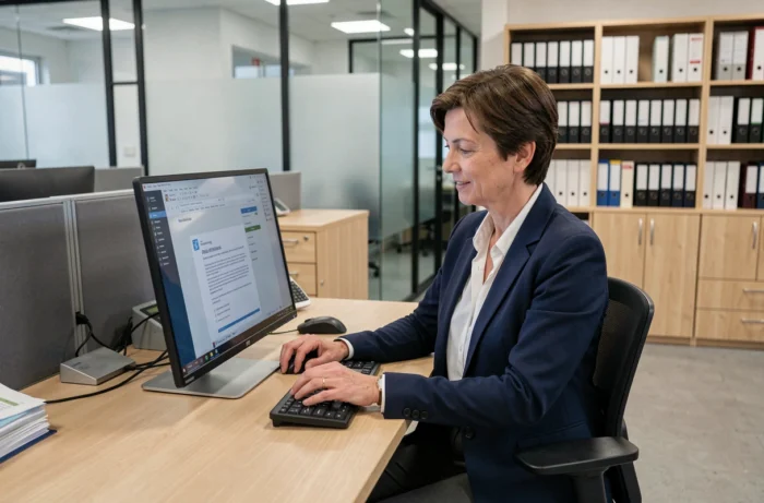 Agente administrative d'une collectivité locale consultant un logiciel de gestion sur écran tactile dans un bureau municipal moderne