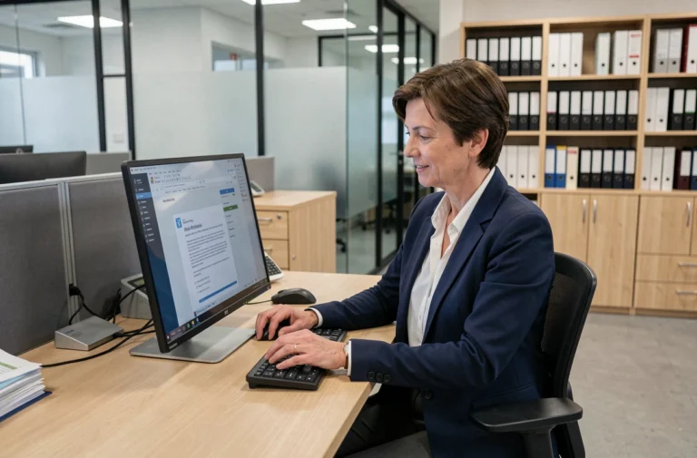Agente administrative d'une collectivité locale consultant un logiciel de gestion sur écran tactile dans un bureau municipal moderne