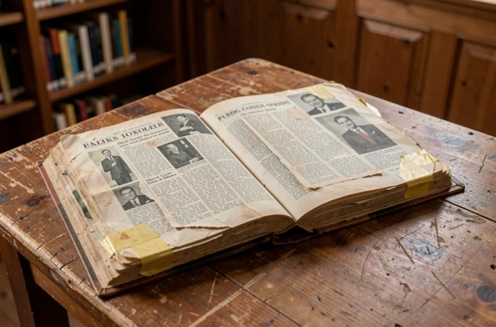 Album de coupures de presse et d'articles anciens sur une table en bois dans une bibliothèque