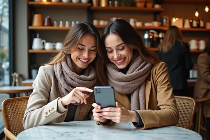 Deux amies découvrant ensemble les rubriques du site Miss Marion sur un smartphone dans un café parisien