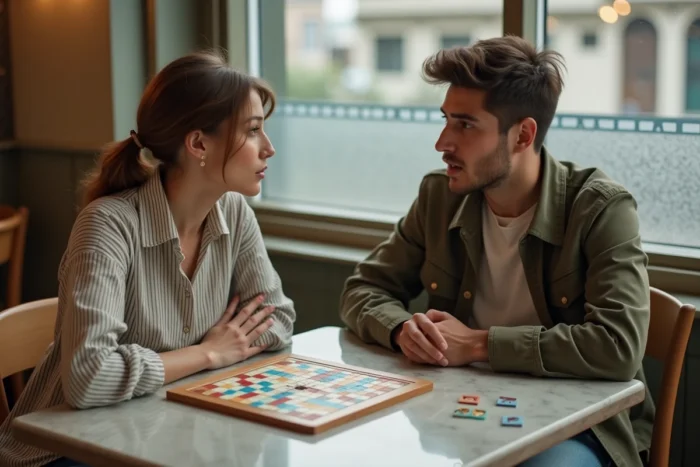 Deux amis vérifiant un mot dans un dictionnaire Scrabble autour d'un plateau de jeu dans un café