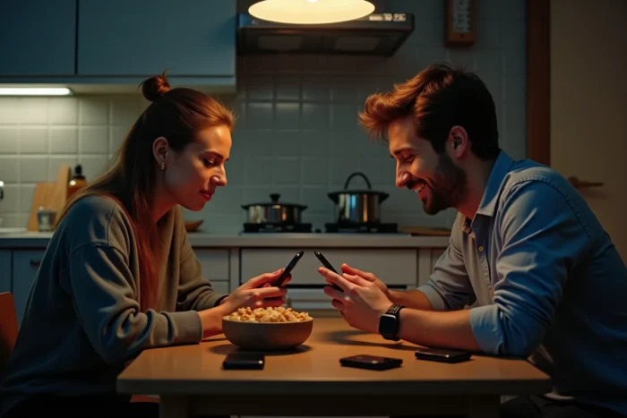 Deux amis assis à une table de cuisine la nuit, regardant leurs téléphones et réagissant à des messages nocturnes reçus