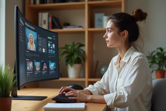 Femme analysant les tendances de streaming sur un ordinateur dans un bureau à domicile épuré