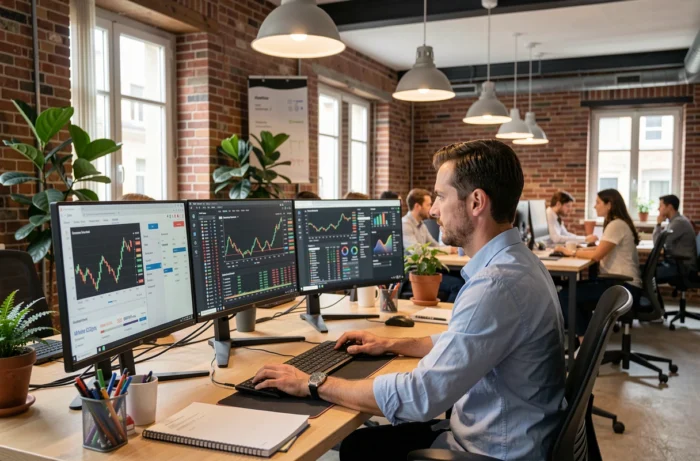 Analyste financier travaillant sur des écrans de données boursières dans une startup fintech française