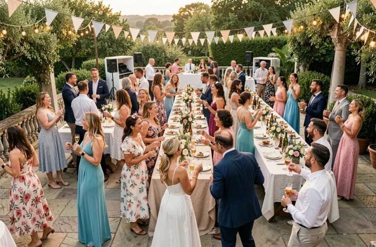 Vue d'ensemble d'une réception de mariage festive avec des invités engagés dans diverses animations originales sur une terrasse décorée