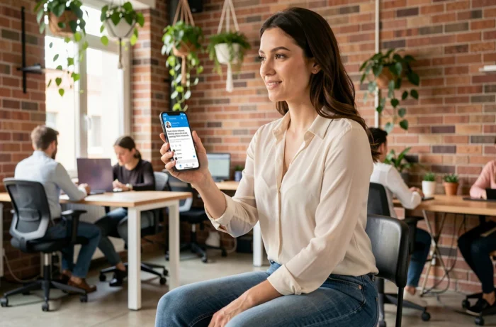 Jeune femme professionnelle tenant un smartphone affichant une annonce de changement d'adresse mail sur LinkedIn dans un espace de coworking moderne