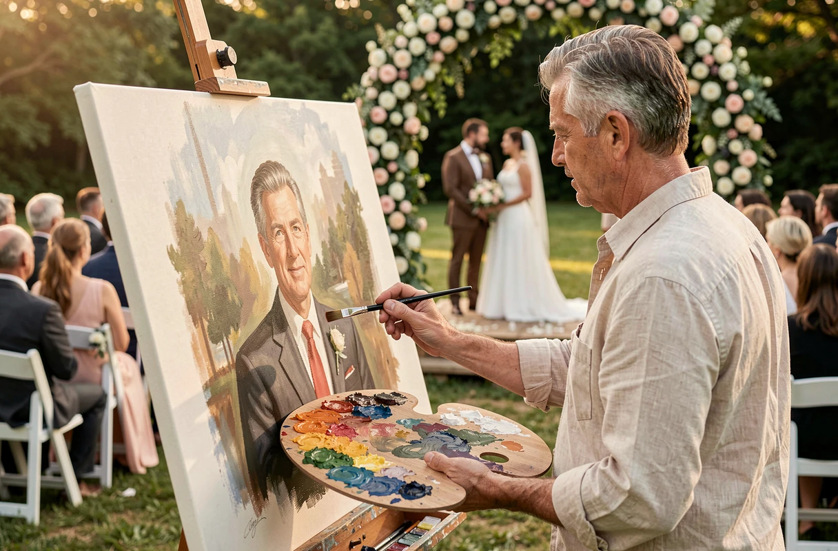 Artiste peintre réalisant un tableau en direct lors d'une cérémonie de mariage en plein air devant les mariés et invités