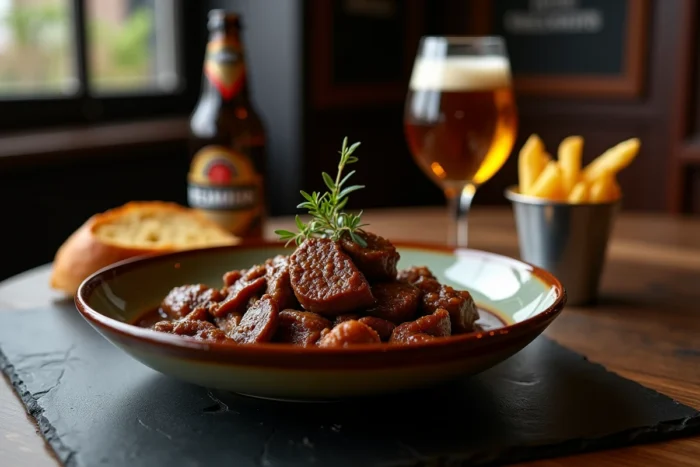 Assiette de carbonnade flamande ch'ti servie avec des frites belges et du pain dans une brasserie rustique aux murs en bois sombre