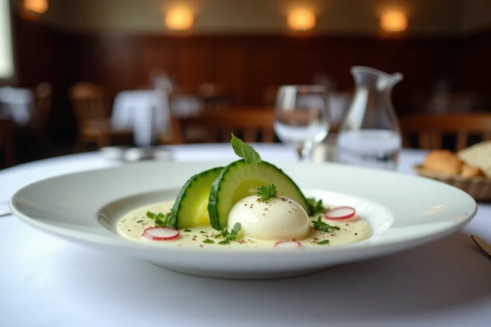 Assiette élégante de concombre en éventail avec crème épaisse et cerfeuil servie dans une brasserie parisienne traditionnelle