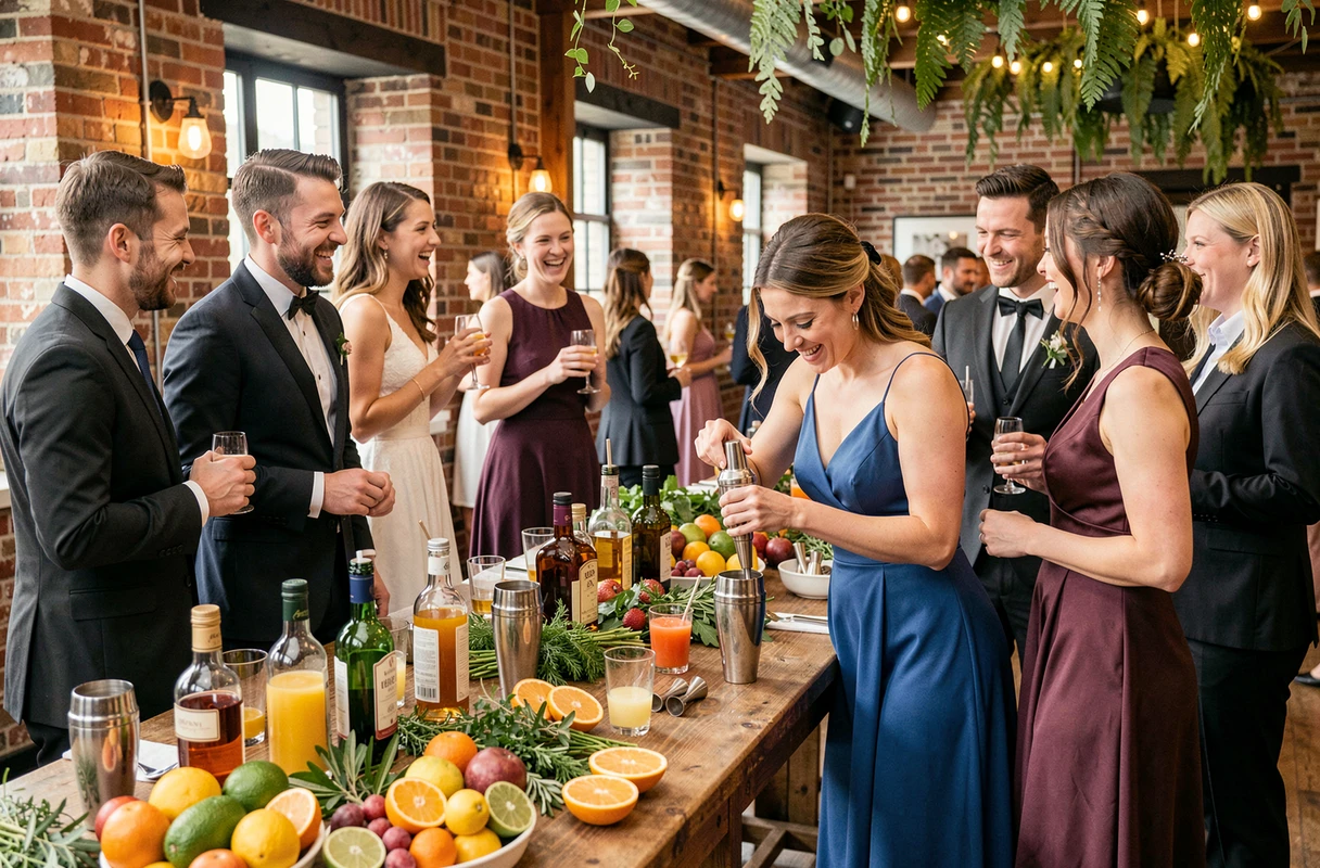 Invités de mariage participant à un atelier de création de cocktails animé par un barman lors de la réception