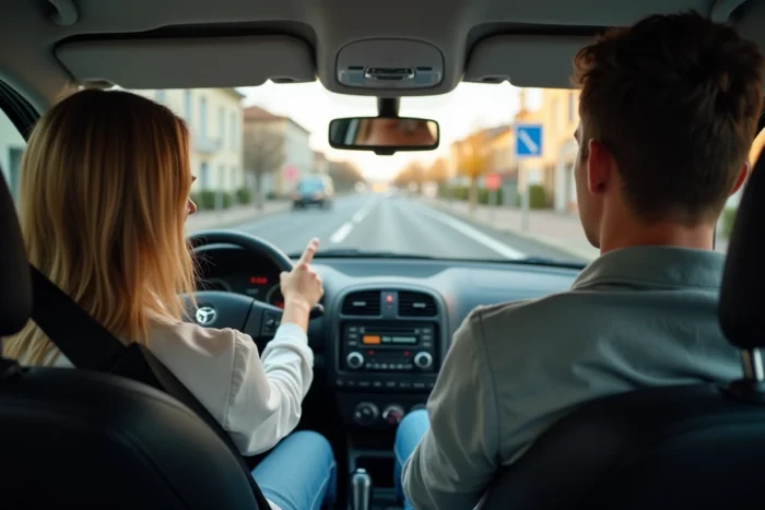 Monitrice d'auto-école guidant un élève conducteur lors d'un virage à gauche en milieu suburbain
