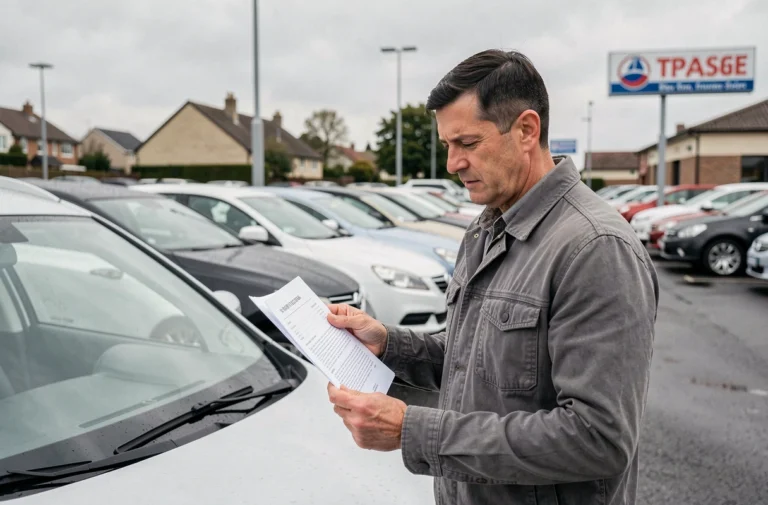 Automobiliste examinant une voiture d'occasion chez un concessionnaire Spoticar avec un avis client imprimé en main