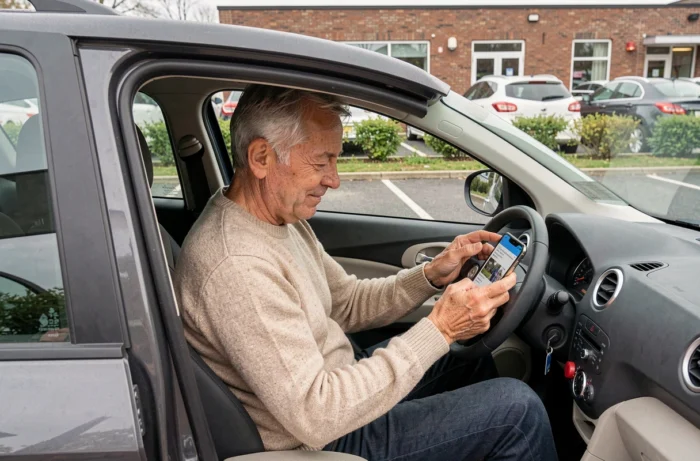 Automobiliste consultant des avis Spoticar sur son smartphone assis dans sa voiture récemment achetée