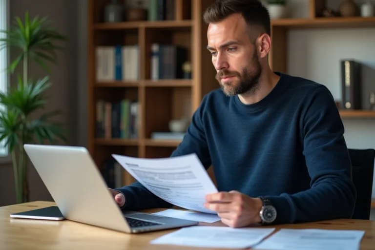 Homme lisant un contrat d'achat de voiture d'occasion à son bureau, avec un ordinateur portable affichant un site de vente automobile