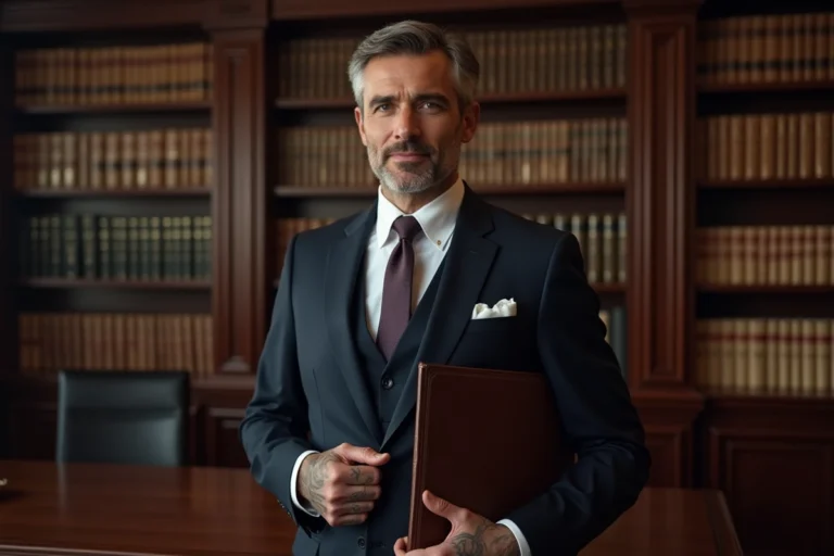 Avocat en costume sombre dans un cabinet juridique, professionnel sans tatouages visibles, illustration des métiers qui interdisent l'encre visible