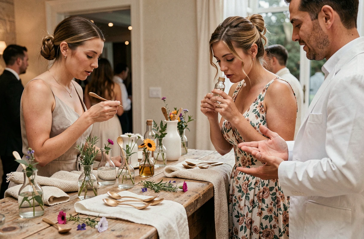 Invitée découvrant un bar à expériences sensorielles avec des arômes et textures lors d'une réception de mariage