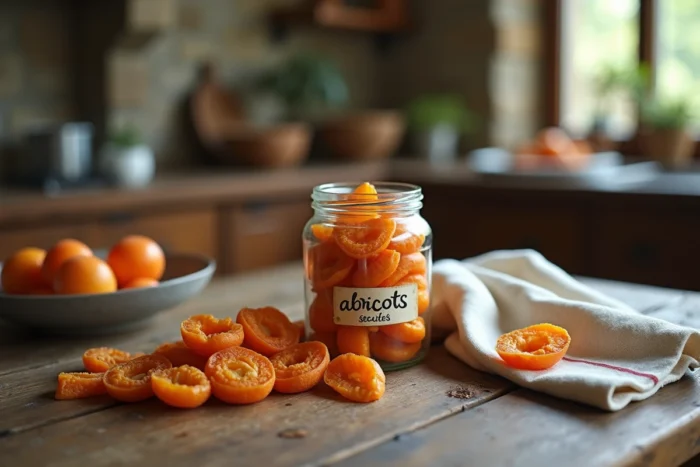 Bocal en verre rempli d'abricots déshydratés maison posé sur une table en bois rustique avec étiquette artisanale