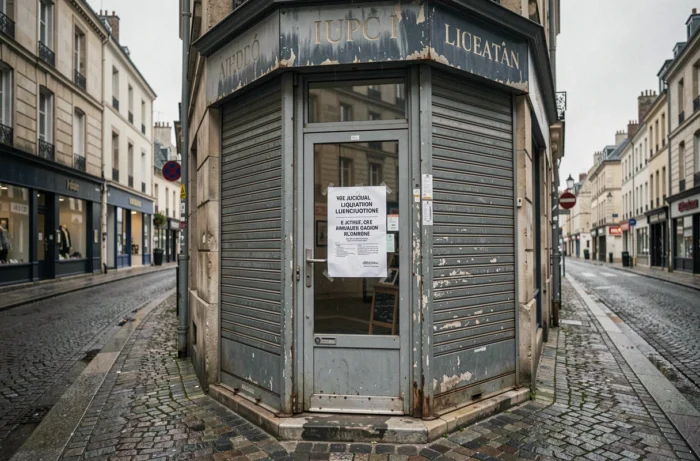 Devanture commerciale fermée avec avis de liquidation judiciaire affiché en France