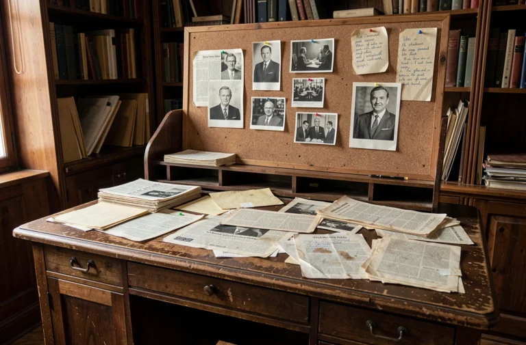 Bureau de recherche avec coupures de presse et notes manuscrites évoquant une enquête sur un personnage mystérieux