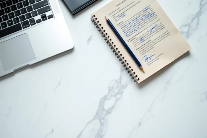 Vue aérienne d'un bureau minimaliste avec un ordinateur affichant un blog de droit administratif et des notes juridiques manuscrites