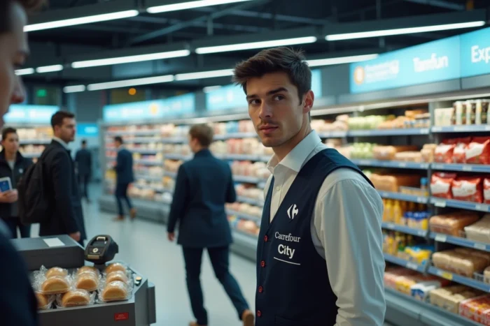 Caissier d'un Carrefour City en gare parisienne avec rayons en libre-service et ambiance de commerce de proximité