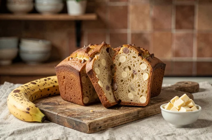 Cake à la banane et chocolat blanc coupé en tranches sur une planche en bois rustique avec des bananes mûres