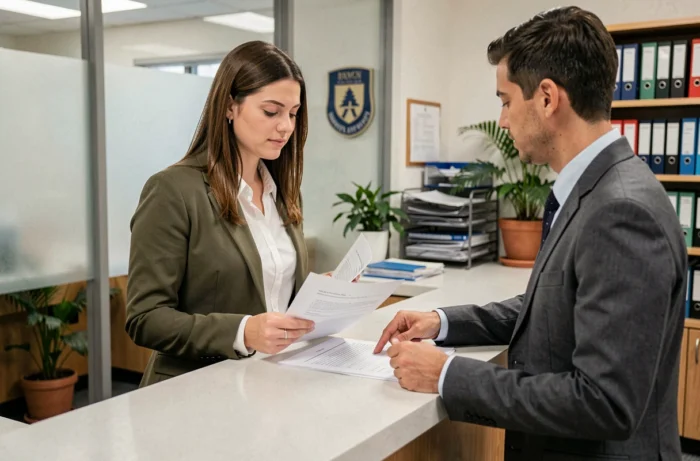 Candidate discutant de son dossier eCandidat avec un conseiller administratif dans un bureau universitaire