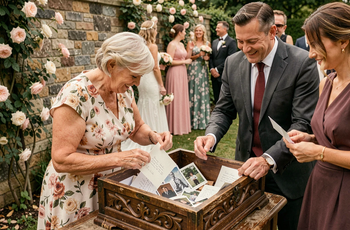 Invités d'un mariage déposant lettres et souvenirs dans une capsule temporelle collective en bois lors de la réception