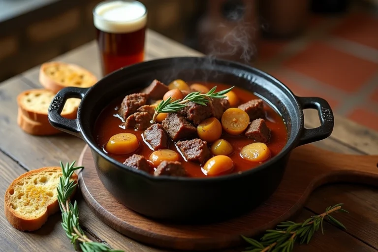 Carbonnade flamande ch'ti mijotée dans une cocotte en fonte sur une table en chêne rustique avec du pain moutardé et une bière brune belge