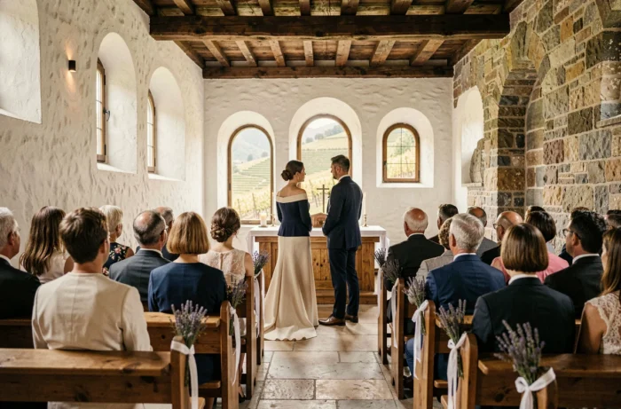 Cérémonie de mariage dans une chapelle en pierre historique du Valais suisse, couple devant l'autel avec invités assis sur des bancs en bois et vue sur les vignobles en terrasses