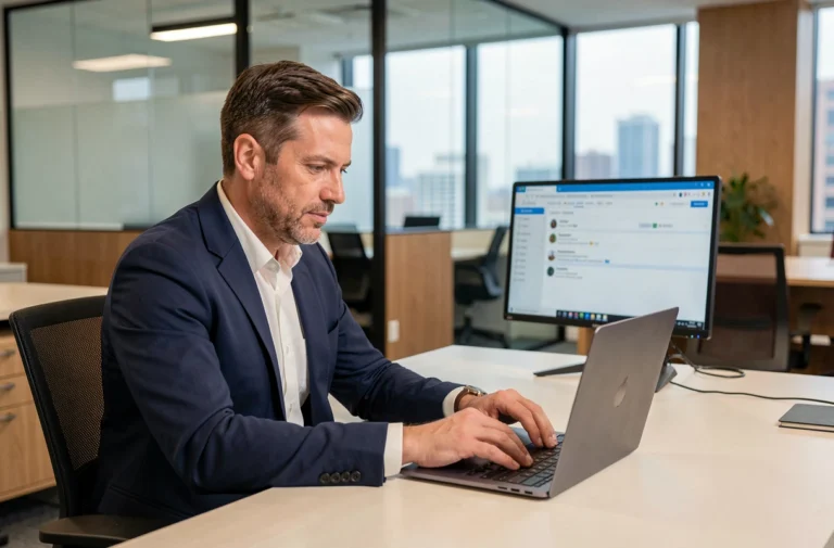 Professionnel consultant ses emails sur un ordinateur portable dans un bureau moderne, symbolisant la gestion d'un changement d'adresse mail professionnel