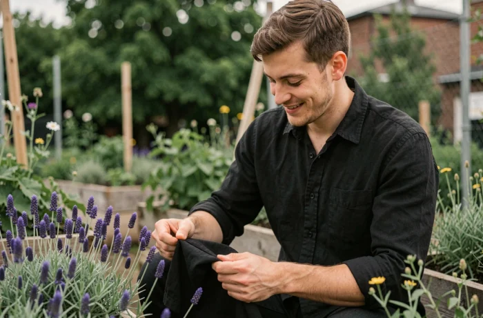 Homme portant une chemise en lin teinte en noir de façon écologique dans un jardin communautaire urbain entouré de plantes tinctoriales comme l'indigo