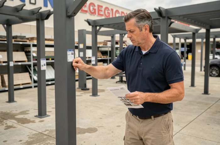 Client examinant les fixations d'une pergola 5x4 dans un espace de démonstration extérieur d'un magasin de bricolage