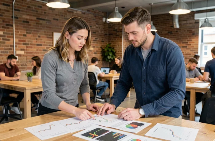 Deux collègues analysant des rapports financiers et des graphiques boursiers dans un espace de coworking moderne