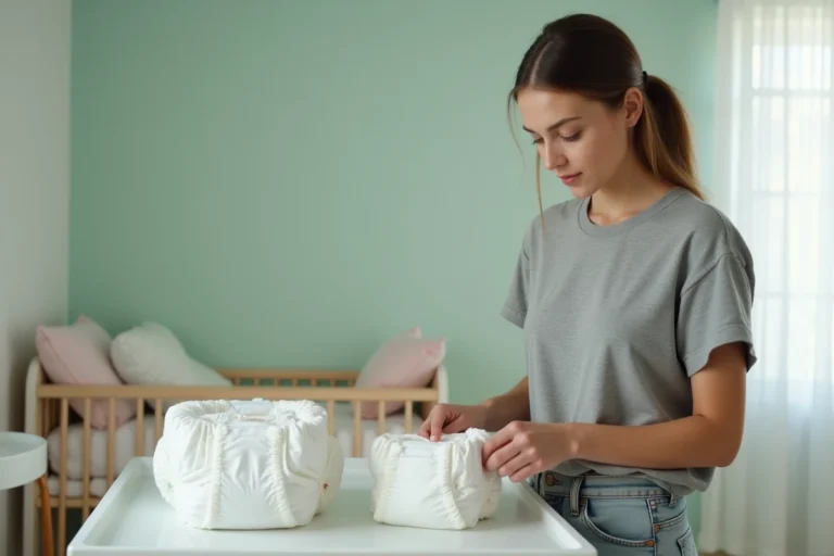 Jeune mère comparant deux marques de couches pour bébé sur une table à langer dans une chambre de bébé moderne