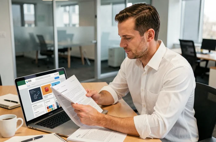 Professionnel comparant une plateforme B2B dédiée à des ressources généralistes dans une salle de réunion vitrée