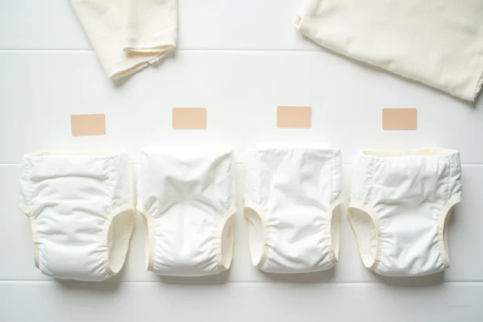Vue à plat de plusieurs couches de marques différentes côte à côte pour une comparaison détaillée des matières et des couches absorbantes