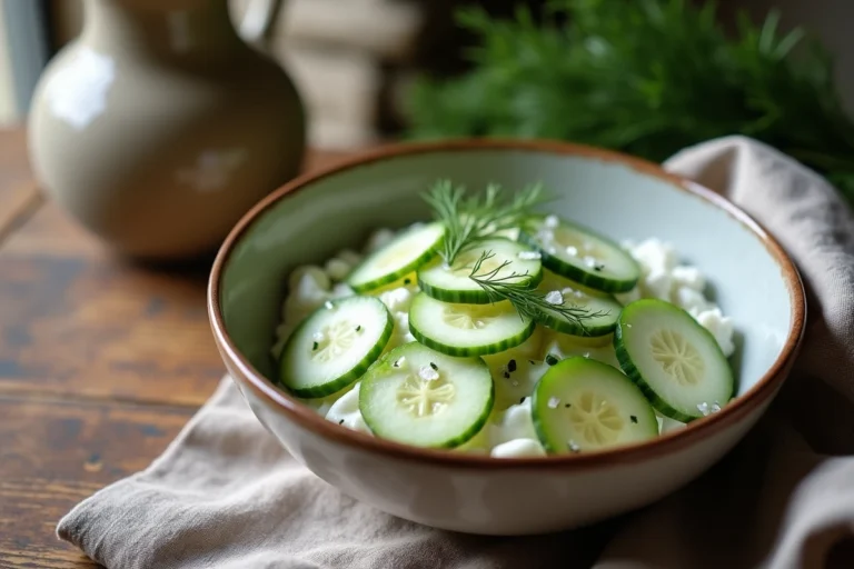 Bol de concombre à la crème fraîche garni d'aneth frais sur une table en bois rustique dans une cuisine française traditionnelle
