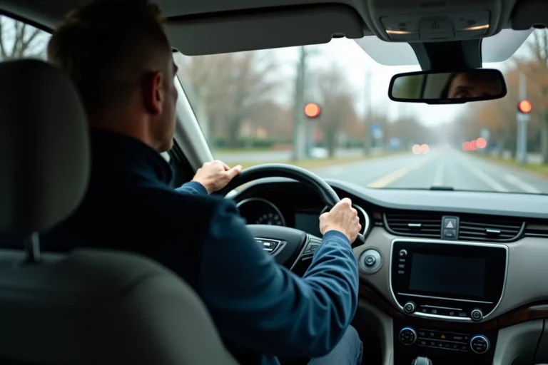 Conducteur masculin concentré regardant à gauche avant un tournant à une intersection urbaine