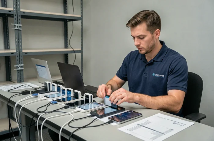 Technicien informatique configurant une flotte de smartphones professionnels neufs sur un plan de travail dans un département IT d'entreprise