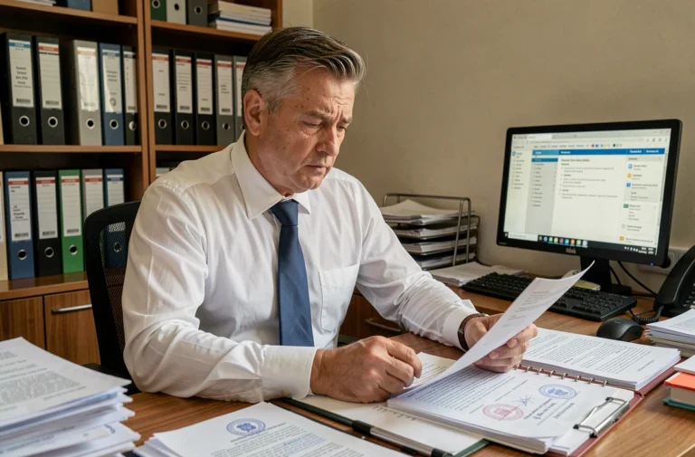 Professionnel consultant analysant des documents de liquidation judiciaire dans un bureau en France