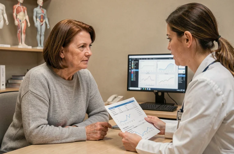 Femme d'une cinquantaine d'années discutant de résultats d'analyses sanguins avec son médecin dans un cabinet médical moderne