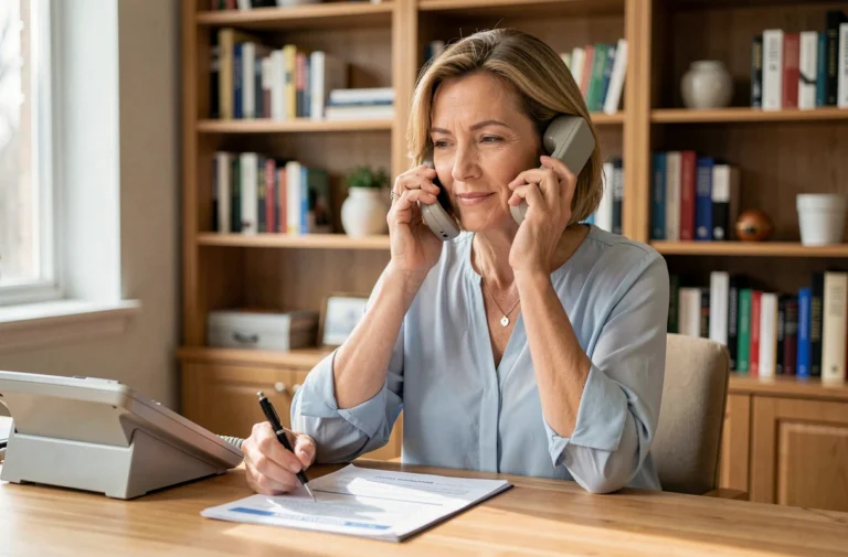 Femme contactant sa mutuelle santé par téléphone depuis son bureau à domicile en Isère