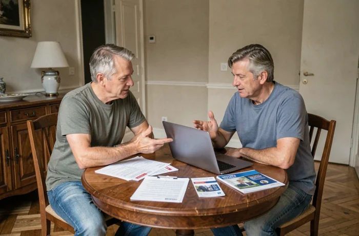 Couple examinant ensemble des brochures et un comparatif d'assurance habitation dans un appartement