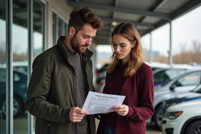 Couple consultant un rapport d'historique de véhicule devant une rangée de voitures d'occasion dans un parc automobile