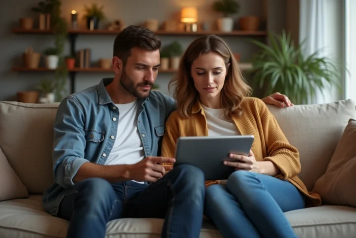 Couple consultant des avis clients en ligne sur une tablette dans leur salon avant d'acheter une voiture d'occasion