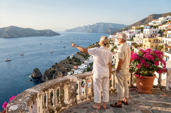 Couple admirant une ville côtière méditerranéenne depuis une terrasse panoramique lors de leur voyage